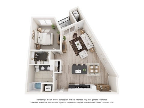 Floor plan for 1 bed, 1 bath, 848 sqft